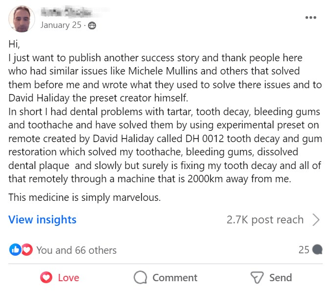 Oral Health Recovery with DH 0012 One user resolved tooth decay, gum bleeding, and plaque using the DH 0012 preset, even from 2000km away. The results included pain relief and gradual healing of tooth decay. Read more: Remote Miracle: Curing Dental Problems with DH 0012 Preset