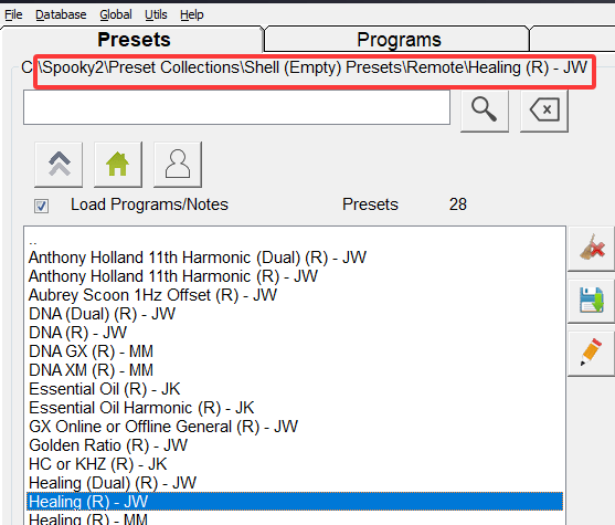 Open Spooky2 Software and navigate to: Shell (Empty) Presets > Remote > Healing (R) – JW. This preset is optimized for long-term, gentle healing in Remote Mode.