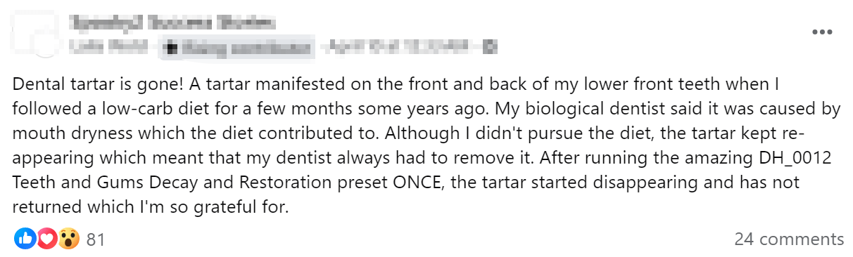 Dental Tartar is Gone! A user successfully eliminated tartar buildup after using Spooky2’s DH_0012 preset once.