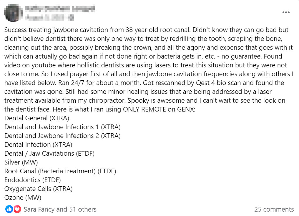 Case 9: Success Treating Jawbone Cavitation from 38-Year-Old Root Canal A user healed a jawbone cavitation caused by an old root canal, avoiding surgery by using Spooky2’s remote frequencies.