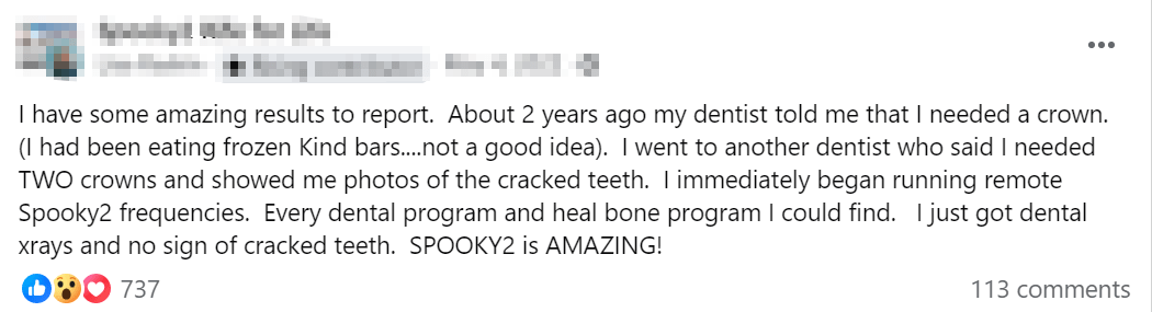Case 6: No Sign of Cracked Teeth A user was told they needed crowns for cracked teeth. After using Spooky2’s remote frequencies, their follow-up X-rays showed no cracks.