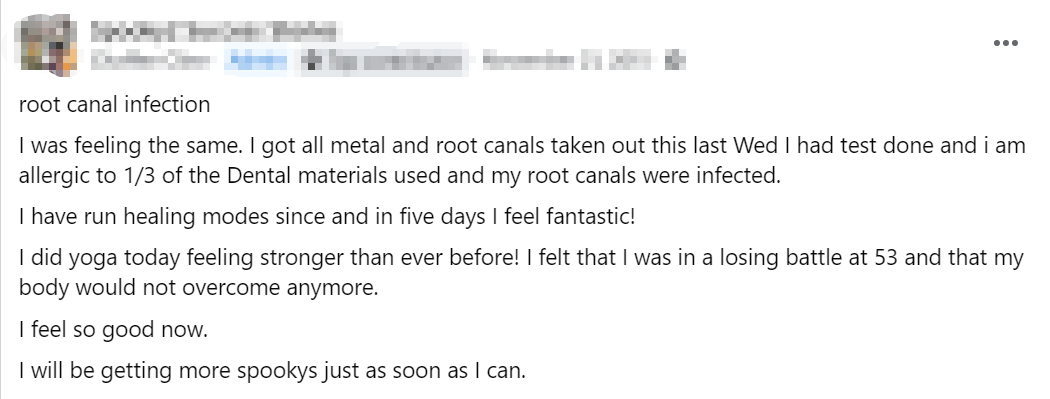 Case 10: Root Canal Infection and Healing
A user successfully healed a root canal infection in five days using Spooky2’s healing modes.